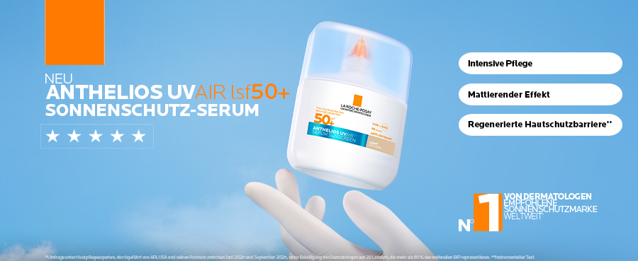 La Roche Posay Anthelios UV Air Serum Getönt (Hell) LSF 50+ neben La Roche Posay Vitamin C Reiniger und Hyalu B5 Serum.